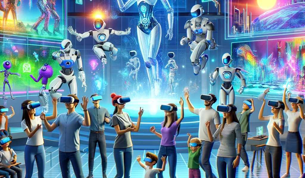 An image visualizing the theme 'chatgpt side hustle' The image shows a diverse group of people in a virtual reality environment, each wearing advanced VR headsets and gesturing expressively