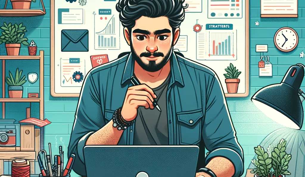 Illustration representing the theme 'Setting Up a Side Hustle.' The image shows a young man of Middle-Eastern descent in a home office, surrounded by various elements of a startup business.