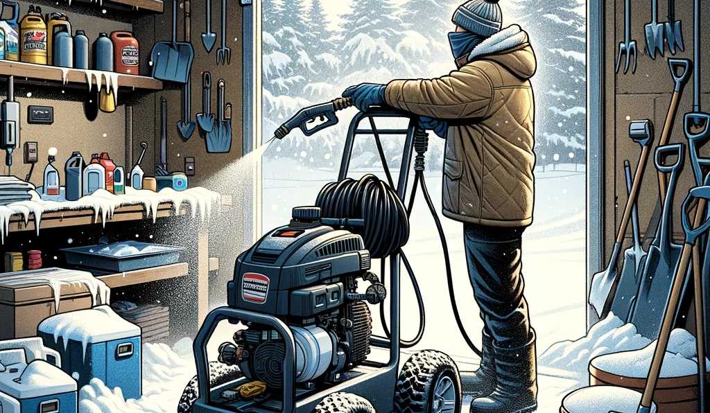 Pressure washing in the winter. An illustration showing a pressure washer preparing to go out into the snow