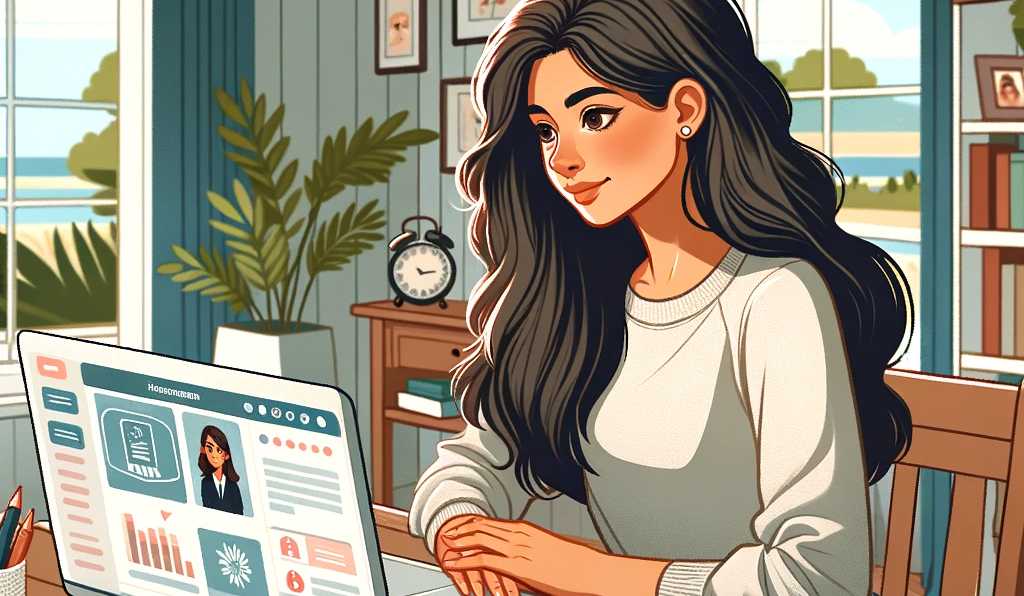 llustration showcasing the theme 'Online Learning.' The image features a young woman of Hispanic descent sitting at a desk in her home, attentively participating in an online class. She has long, dark hair and is wearing comfortable, casual clothing. 